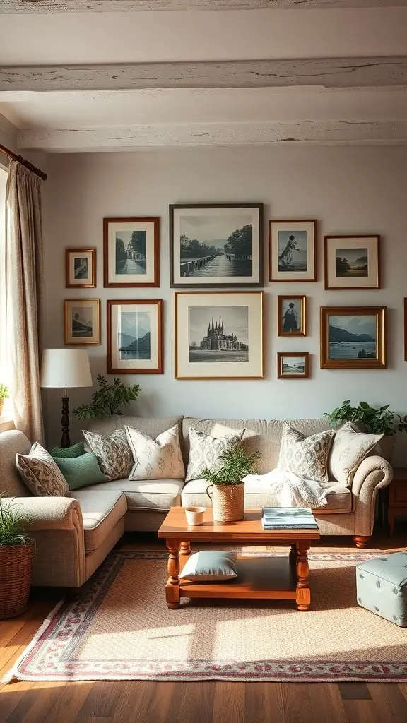 23+ Cozy English Cottage Living Room Ideas for a Warm Home Aesthetic 15 Cozy English cottage living room with framed art and photographs