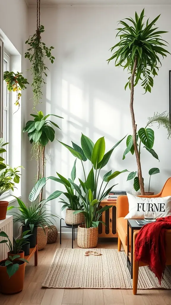 27+ Stunning Small Living Room and Dining Area Combinations 18 A small living room with various plants, showcasing a cozy and fresh atmosphere.