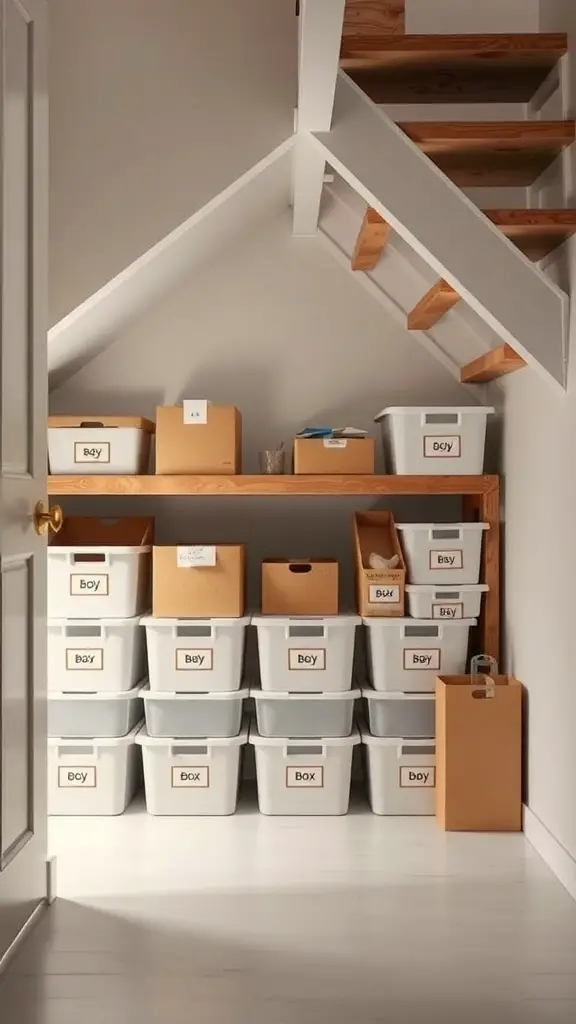 25+ Creative Under Stairs Storage Ideas for Every Home 18 A tidy under-stairs storage area featuring minimalist storage bins and boxes.