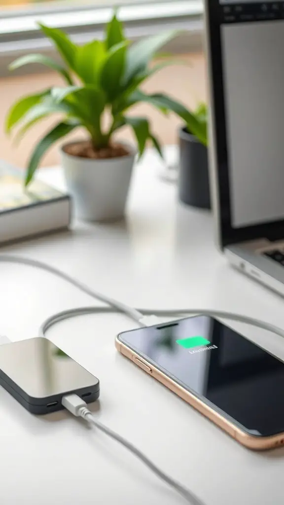27+ Unique Christmas Gifts for Your Coworkers This Holiday Season 14 A portable phone charger connected to a smartphone on a desk with a plant in the background.