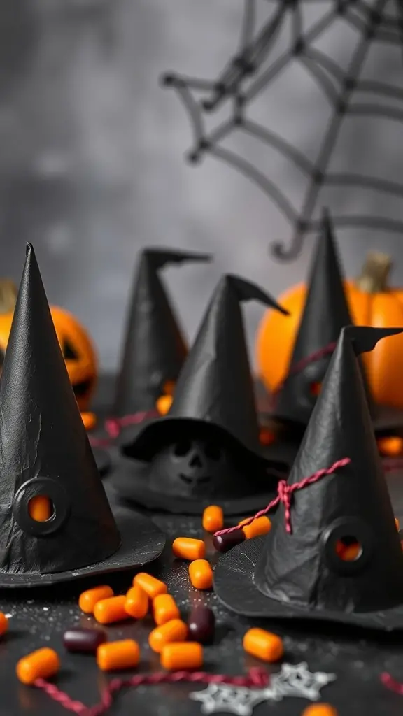 27+ Fun Halloween Crafts for Kids to Spook Up Your Season 9 Black witch hat treat holders with colorful candies