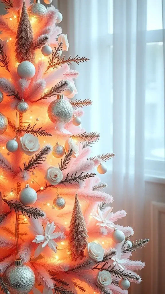 31+ Pink Christmas Tree Ideas to Brighten Your Holiday Décor 19 A romantic blush pink Christmas tree decorated with silver ornaments and white flowers, glowing with warm lights.
