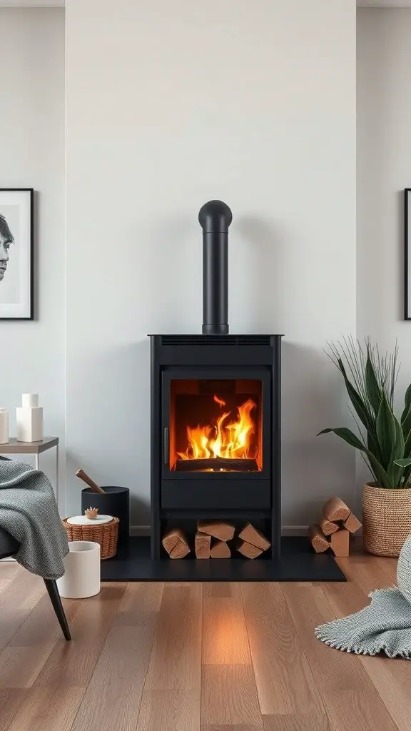 A modern black wood stove with a fire burning, surrounded by minimalist decor in a cozy living space.