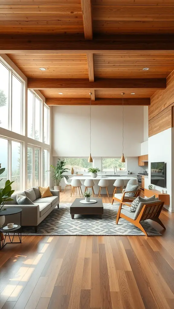 A mid-century modern living room with an open floor plan featuring large windows, wooden beams, and cozy furniture.