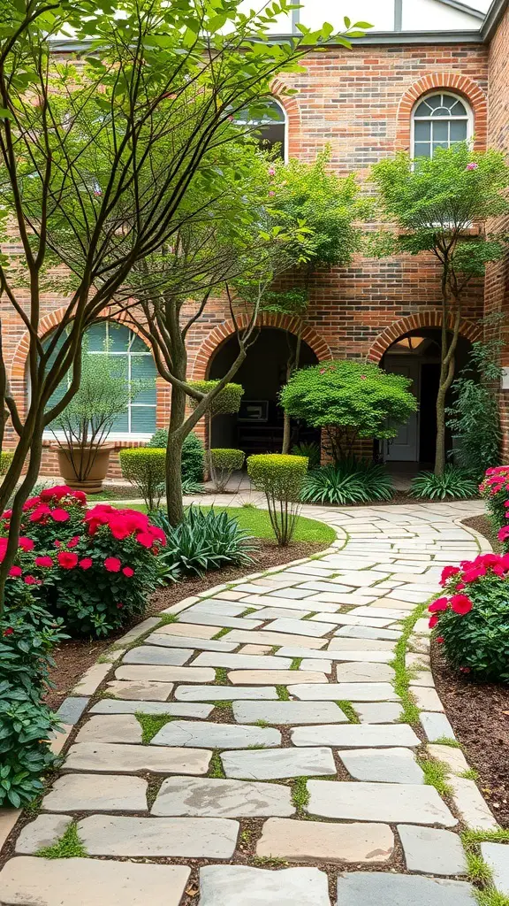 27+ Inspiring Atrium Garden Ideas to Transform Your Space 17 A rustic stone pathway winding through a garden with flowers and greenery.