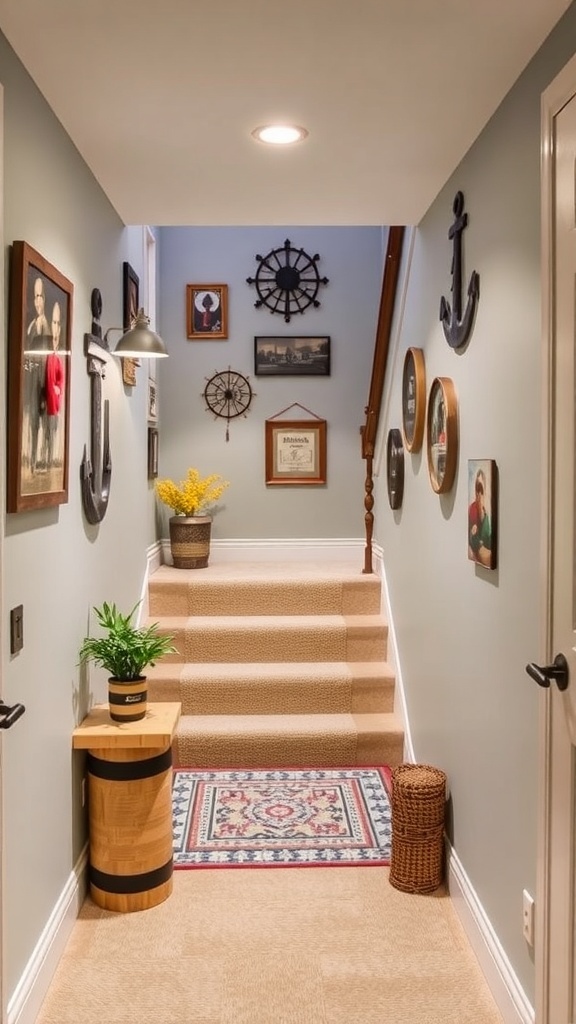 29+ Creative Basement Stairwell Ideas to Transform Your Space 15 A cozy basement stairwell with a rustic theme, featuring wooden stairs, a map on the wall, and decorative elements.