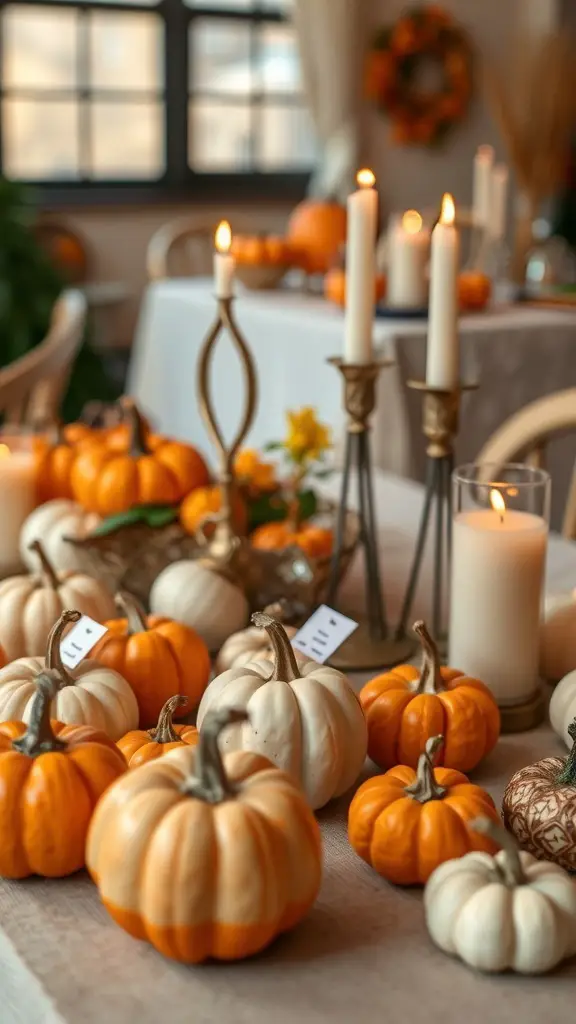 A beautifully arranged table with pumpkins, candles, and cozy decor for a fall wedding.