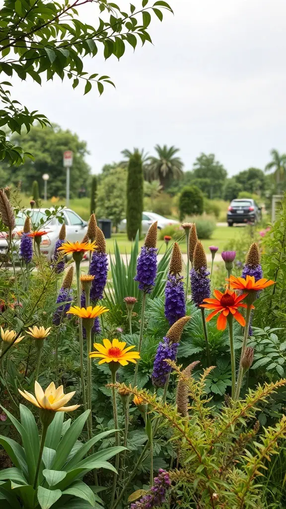 A vibrant garden featuring a variety of native flowers in different colors.