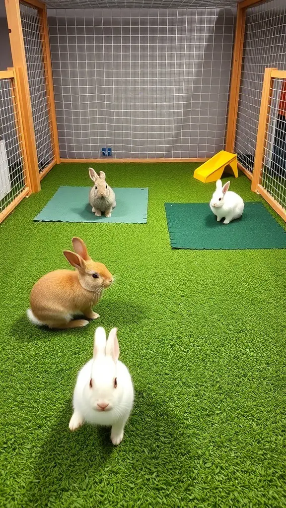 27+ Must-Have Features for the Ultimate Rabbit Playground 5 A group of rabbits playing on soft mats in a playground setting.