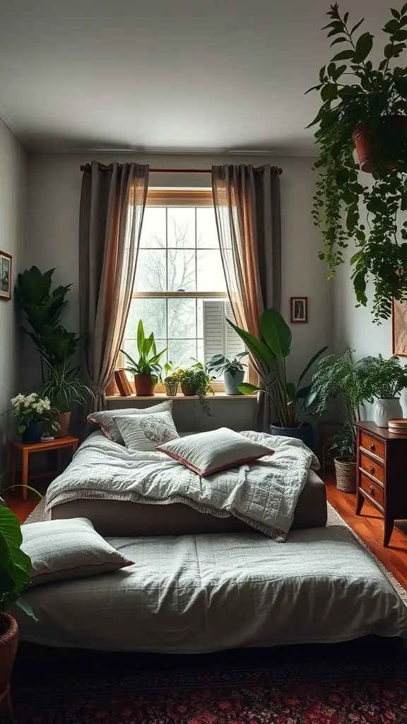 A dark boho bedroom featuring a bed with soft bedding, surrounded by various indoor plants and a window letting in natural light.