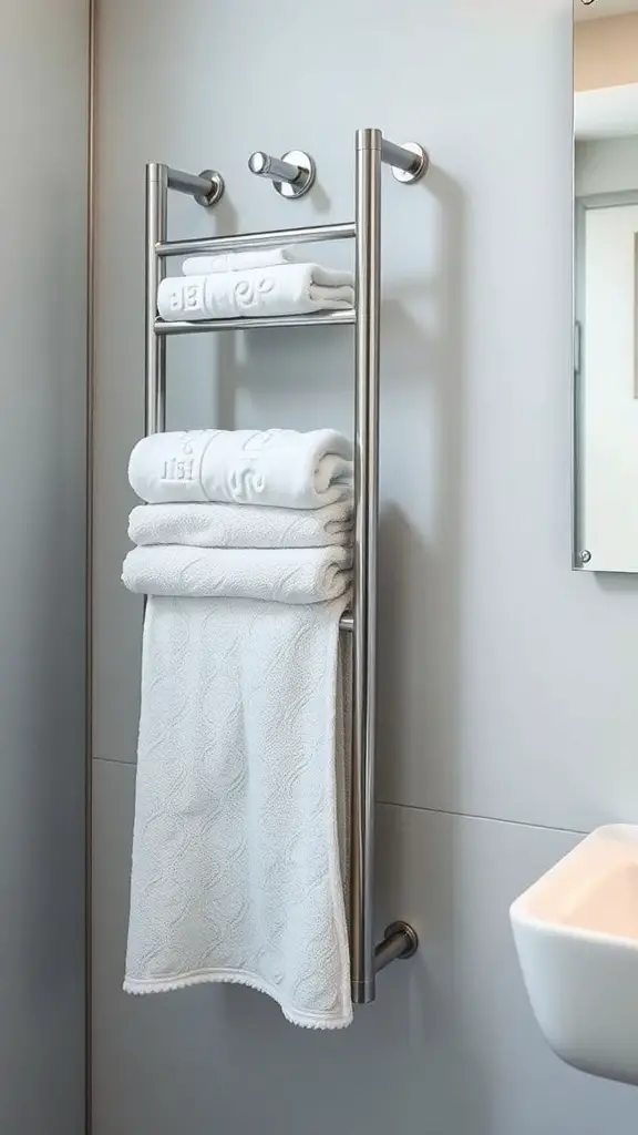 A modern vertical towel rack holding neatly folded towels in a small bathroom.