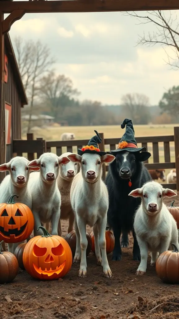 A group of calves wearing witch hats with carved pumpkins in a farm setting.