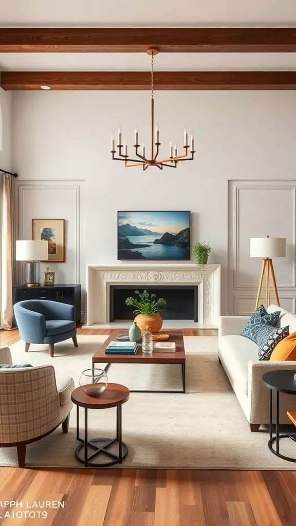 29+ Stunning Ralph Lauren Home Living Room Ideas for an English-Inspired Aesthetic 5 A stylish living room featuring a mix of modern and traditional design elements, including wooden beams, contemporary furniture, and elegant lighting.