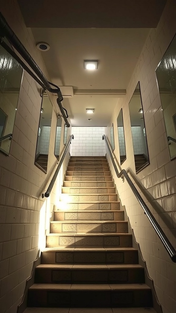 29+ Creative Basement Stairwell Ideas to Transform Your Space 9 A basement stairwell with mirrors on the walls, reflecting light and creating a spacious feel.