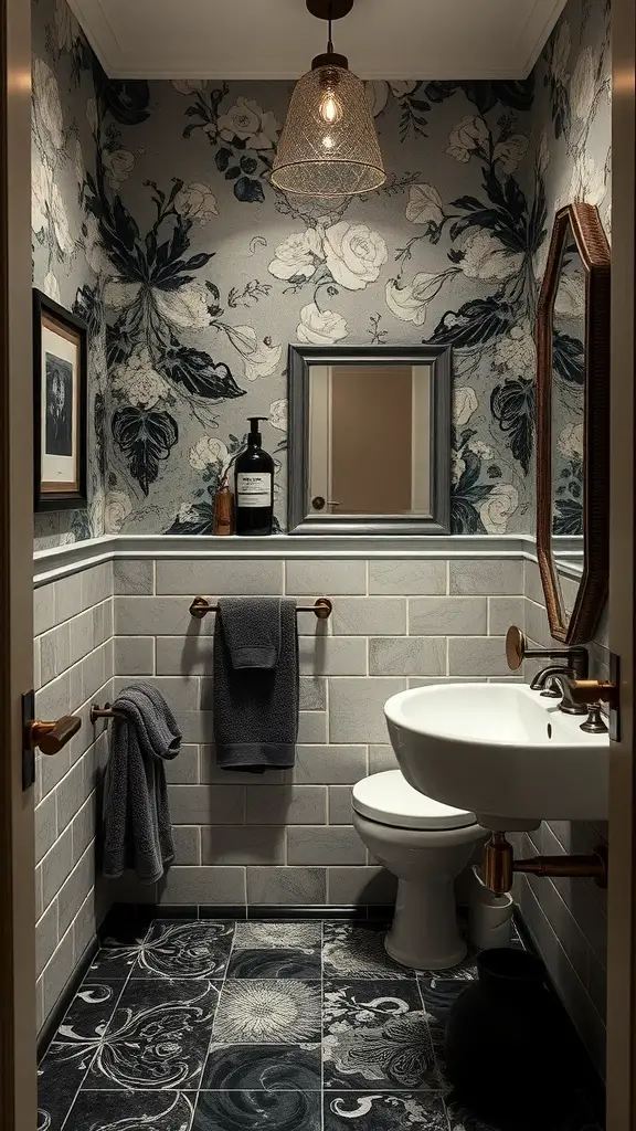 27+ Dark and Moody Powder Room Decor Ideas for a Chic Makeover 12 A dark moody powder room featuring floral wallpaper, gray towels, and stylish accessories.
