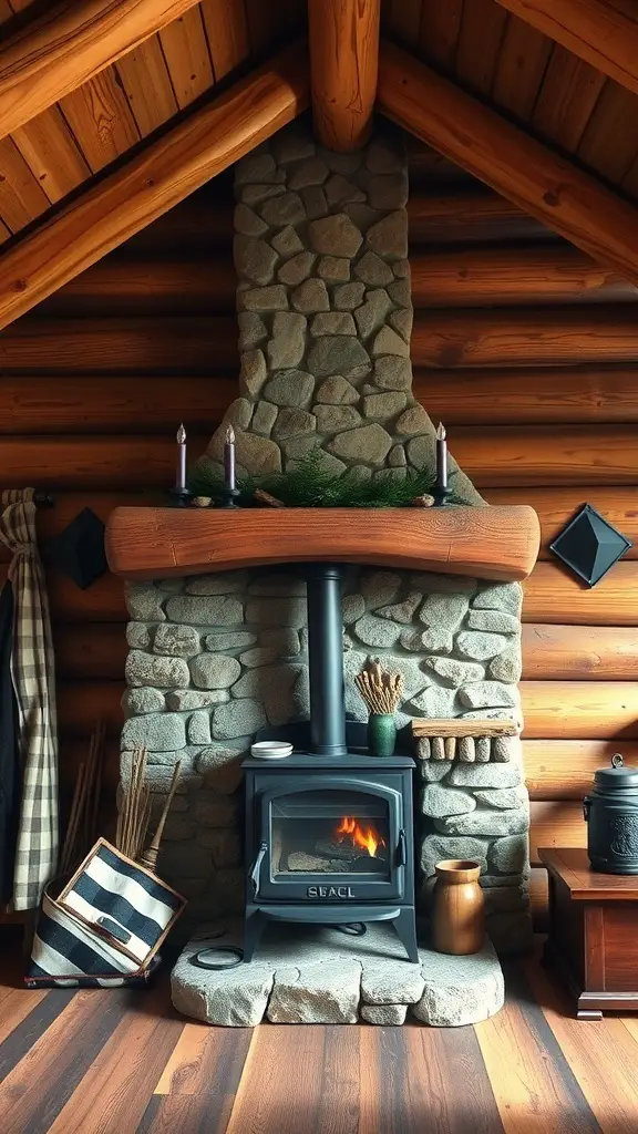 A rustic wood stove in a cabin with a stone chimney and wooden walls.
