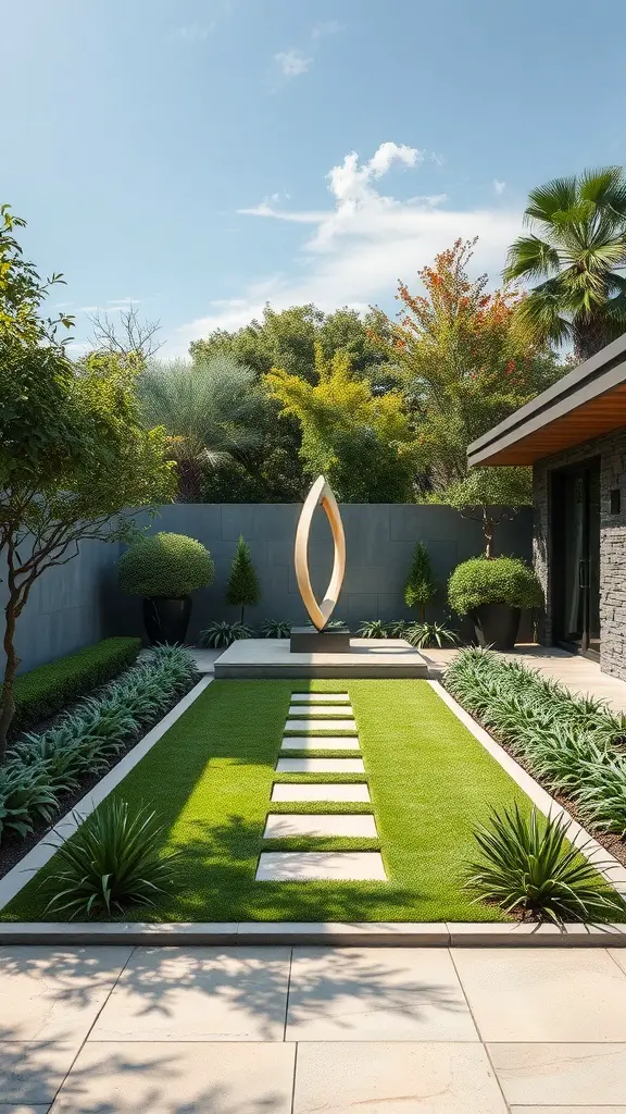 23+ Stunning Rectangular Backyard Design Ideas You’ll Love 15 A modern rectangular backyard design featuring a central sculpture, stepping stones, and lush greenery.