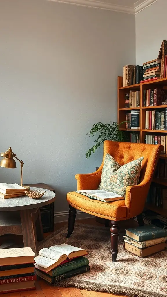 19+ Stunning Vintage Maximalism Decor Ideas to Transform Your Space 19 A cozy reading nook featuring an orange chair, a small side table with books, a bookshelf, and a plant.