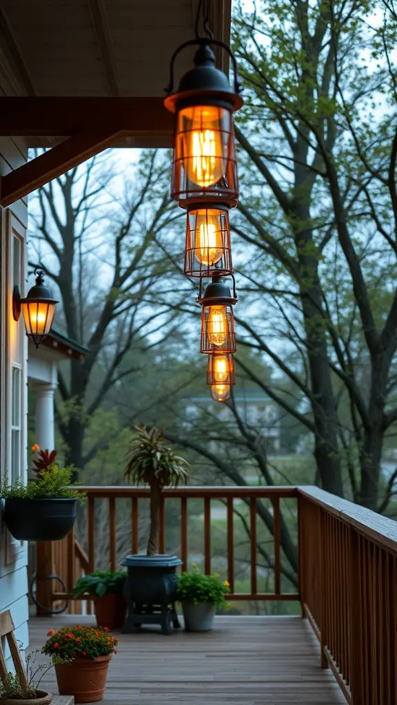 25+ Creative Front Porch Lighting Ideas to Brighten Your Home 16 Rustic wood fixtures hanging on a porch with warm lighting