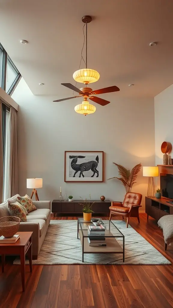 A mid-century modern living room featuring retro lighting fixtures including a ceiling fan and floor lamp.