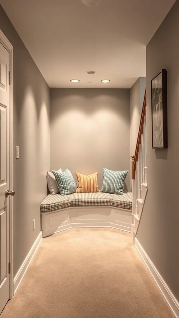 29+ Creative Basement Stairwell Ideas to Transform Your Space 16 Cozy seating area in a basement stairwell with cushions and soft lighting.