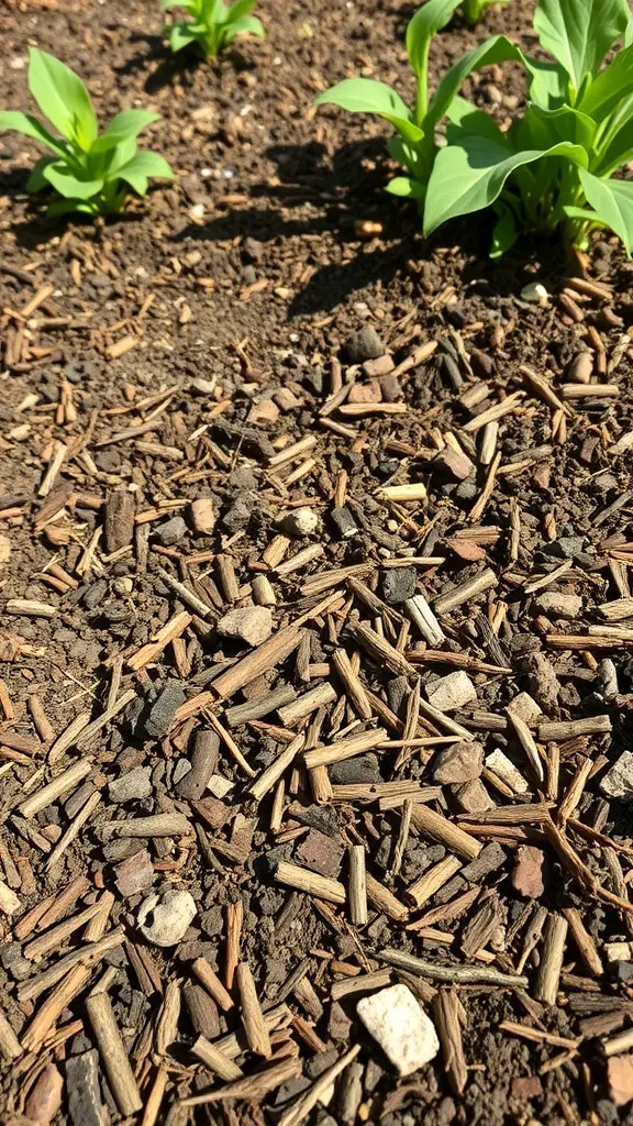 Close-up of mulch with young plants growing in a zeroscaping backyard