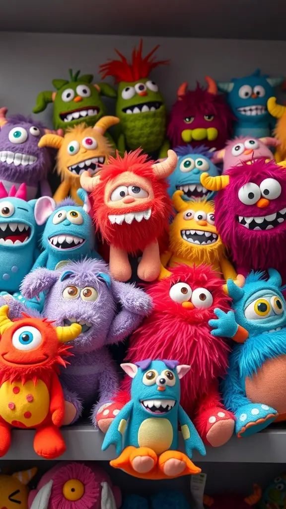 A colorful display of various monster-themed plush toys on a shelf.