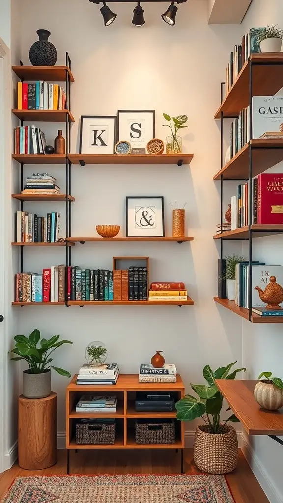 29+ Small Room Organization Ideas You Need to Try 10 Stylish shelving unit with books, decorative items, and plants in a small room.