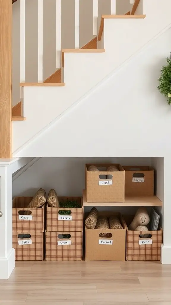25+ Creative Under Stairs Storage Ideas for Every Home 16 Under stairs storage with labeled boxes for seasonal decor