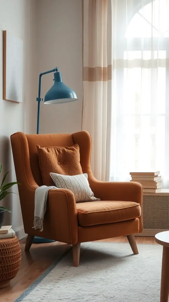 Cozy reading corner with a brown armchair and blue lamp