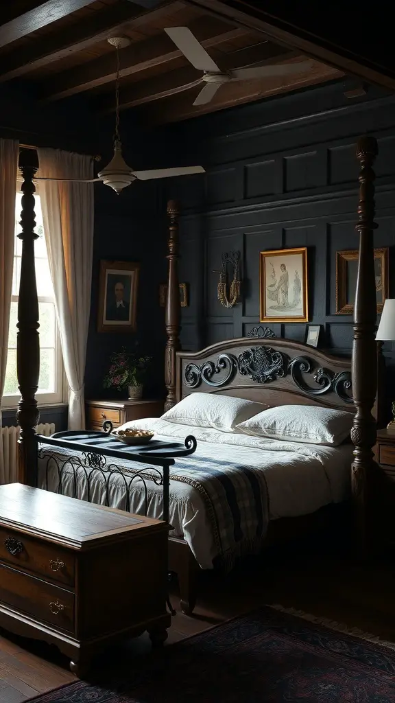 37+ Dark Cottagecore Bedroom Ideas: 15 Must-Have Items for a Cozy Retreat 7 A vintage dark cottagecore bedroom featuring a beautifully crafted bed, antique furniture, and vintage decor.