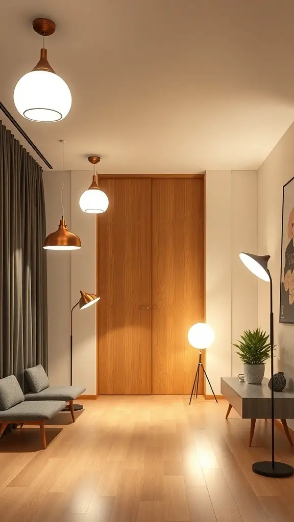 31+ Inspiring Mid Century Decor Ideas for a Stylish Home 2 A cozy room featuring mid-century lighting fixtures, including pendant lights and a floor lamp.