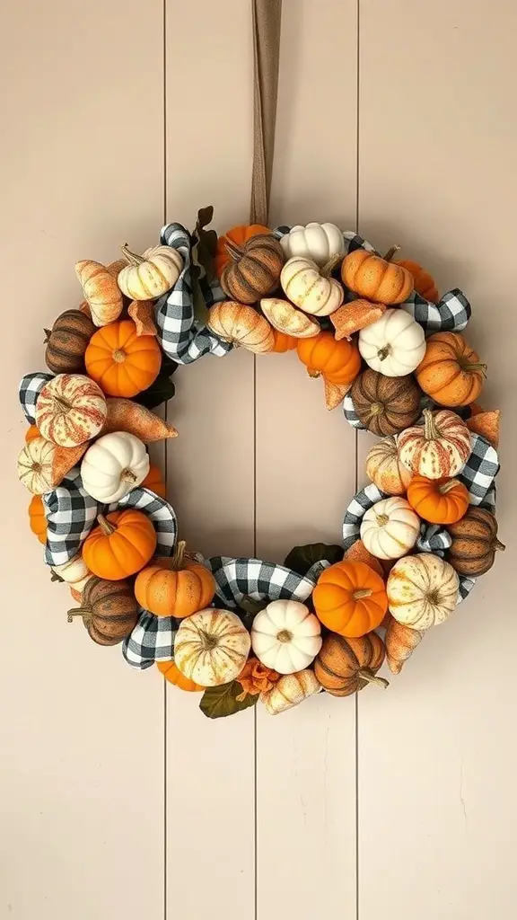 A layered fabric pumpkin wreath featuring various pumpkins and a checkered ribbon.
