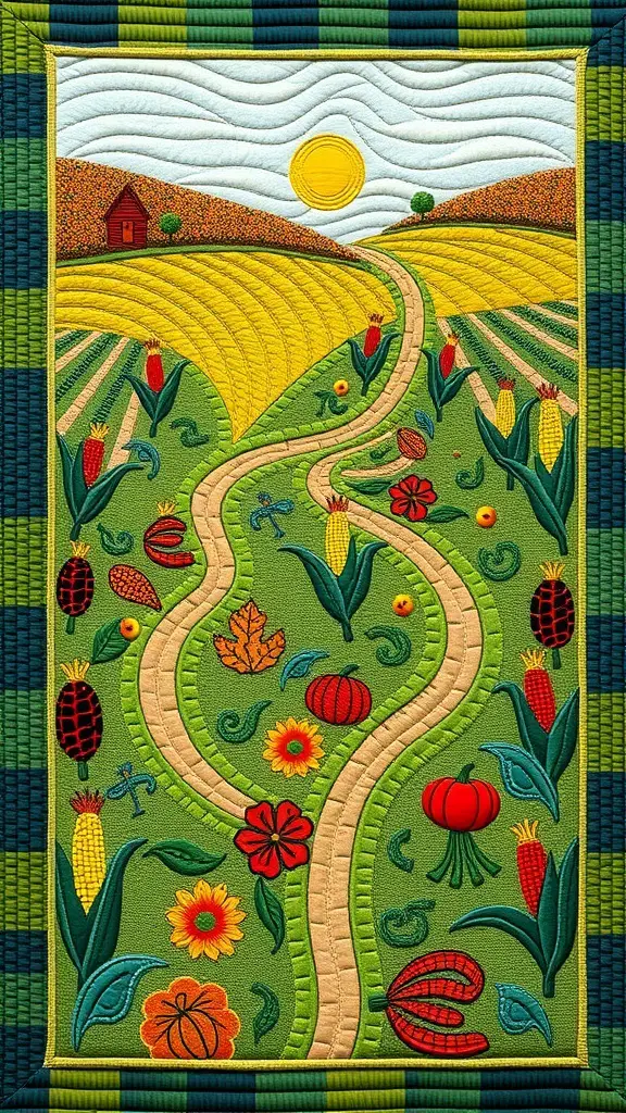 A colorful quilt depicting a corn maze with pumpkins, flowers, and a sunny sky.