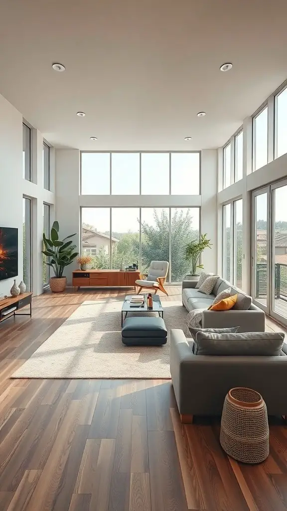 27+ Stunning French Country Living Room Inspirations 6 A bright and airy living room with large windows, modern furniture, and wooden flooring.