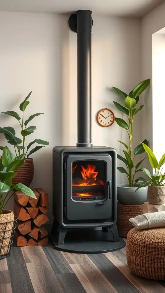 A modern black wood stove surrounded by plants and firewood in a cozy room.