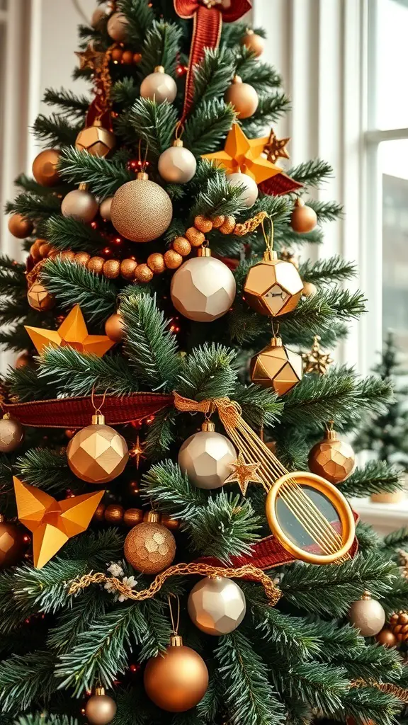23+ Vintage Christmas Tree Ideas for a Festive Holiday Look 14 A vintage Christmas tree decorated with gold and bronze ornaments, featuring geometric shapes and unique decorations.