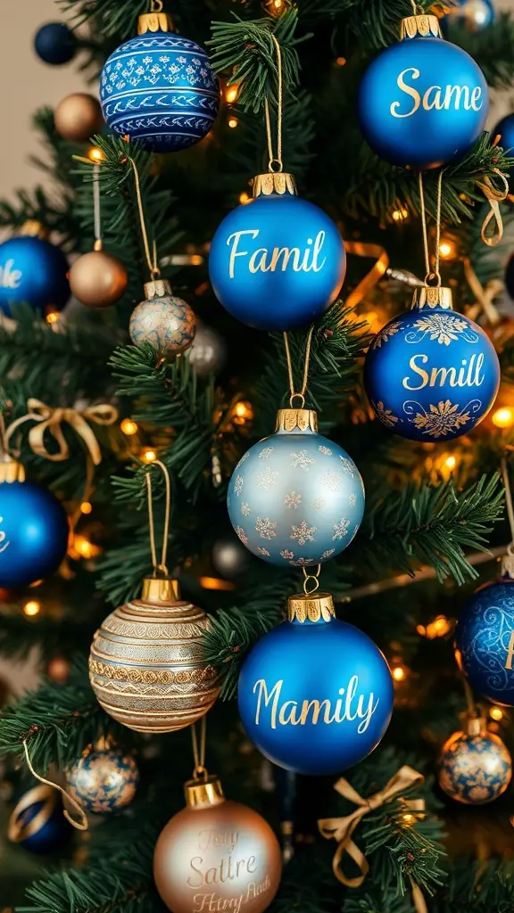 A Christmas tree decorated with blue and gold personalized ornaments.