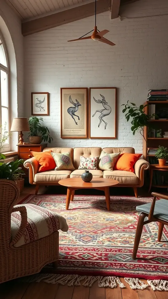 A stylish vintage modern living room featuring a cozy sofa with colorful cushions, an intricate area rug, and plants.