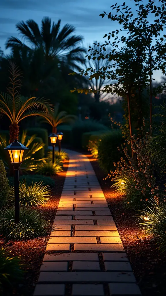 23+ Creative Garden Path Ideas for a Stunning Outdoor Journey 12 A beautifully lit garden pathway lined with solar lights, surrounded by lush greenery and palm trees.