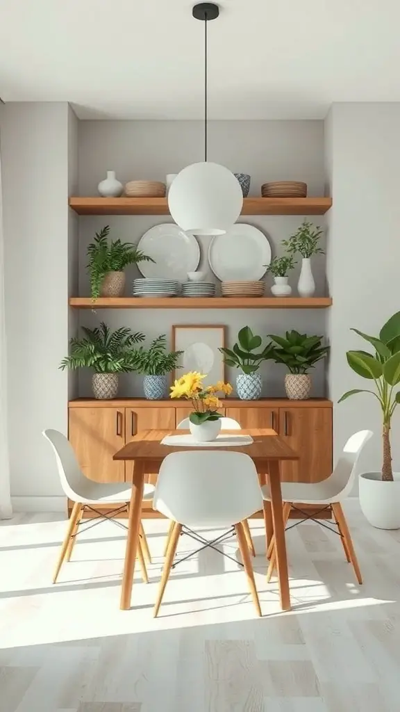 A modern dining room with open shelving displaying plates and plants, featuring a wooden table and white chairs.