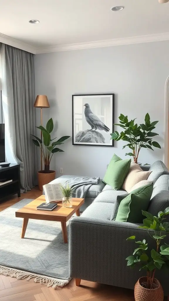 27+ Stunning Grey and Green Living Room Ideas 13 A cozy living room with grey walls, green accents, and a reading nook featuring a sofa, coffee table, and plants.