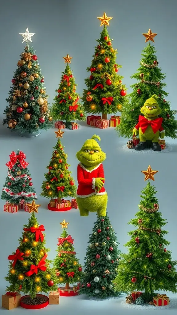 A collection of Grinch-themed Christmas trees with various decorations and the Grinch character.