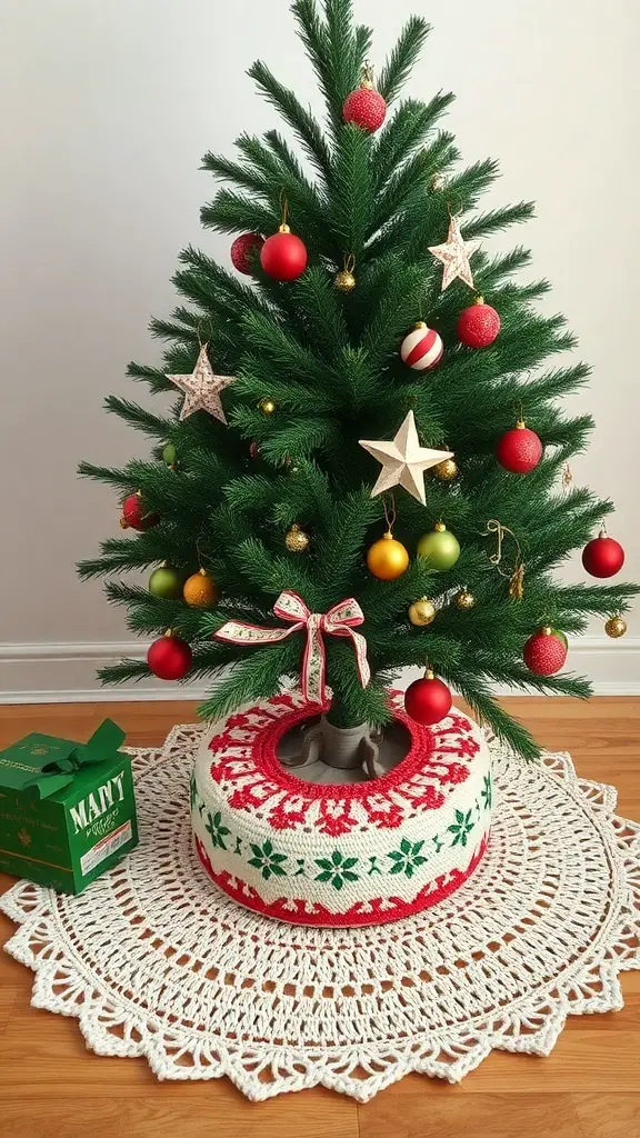 A crochet tree skirt in red and green under a decorated Christmas tree.