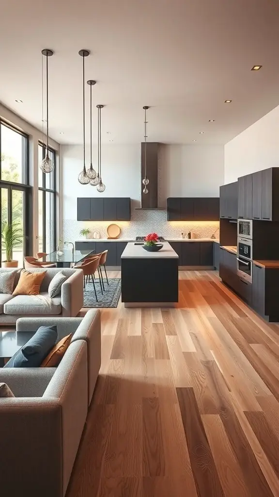 27+ Stunning Open Plan Kitchen Living Room Ideas to Transform Your Space 2 Modern open plan kitchen and living room with large windows and wooden flooring.