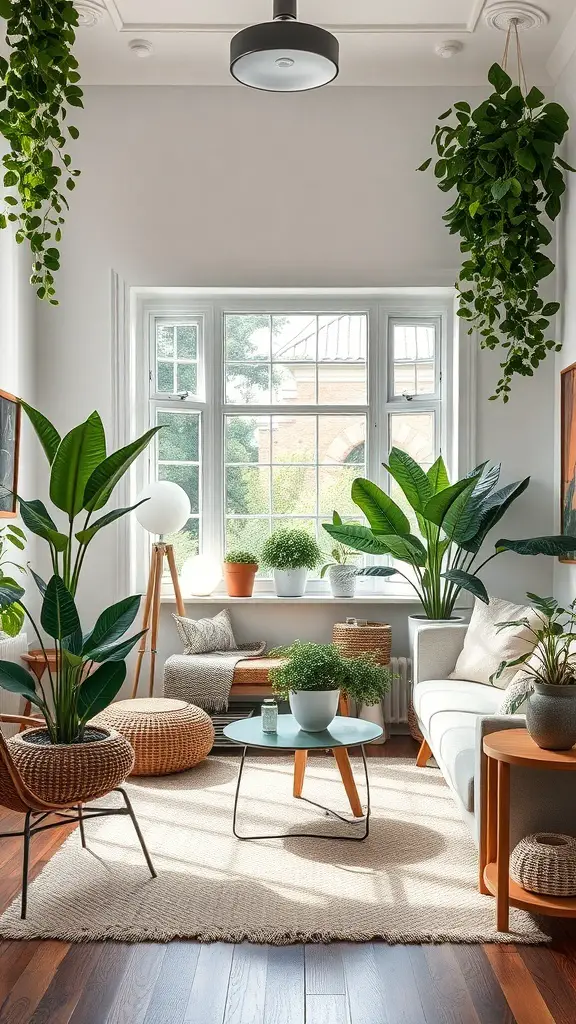 A bright living room with various indoor plants, showcasing a cozy and natural atmosphere.