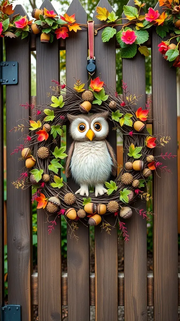 29+ Elegant Fall Wreaths to Enhance Your Home Decor 15 A whimsical wreath featuring an owl, acorns, and colorful autumn leaves on a wooden fence.