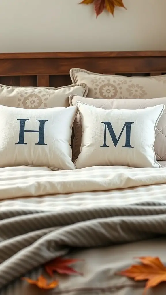 Monogrammed pillows on a fall-themed bed