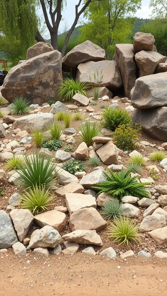 25+ Inspiring Rock Bed Landscaping Ideas for Your Garden 19 A landscaped area featuring large rocks and various plants, designed to attract wildlife.