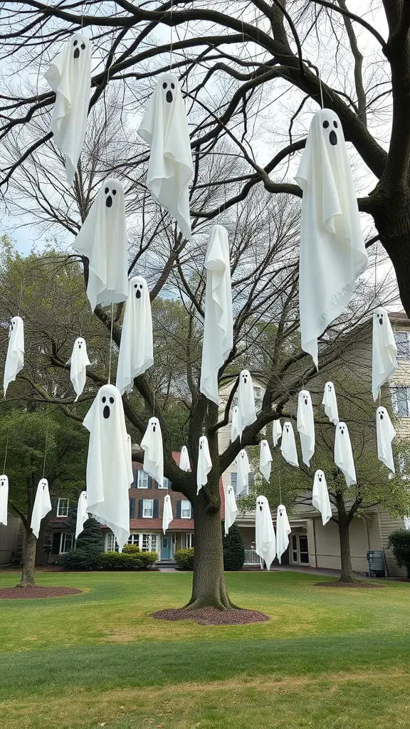 31+ Spooky Halloween House Decorations You Need This Season 8 A tree decorated with hanging ghost figures made from white sheets, creating a spooky Halloween atmosphere.
